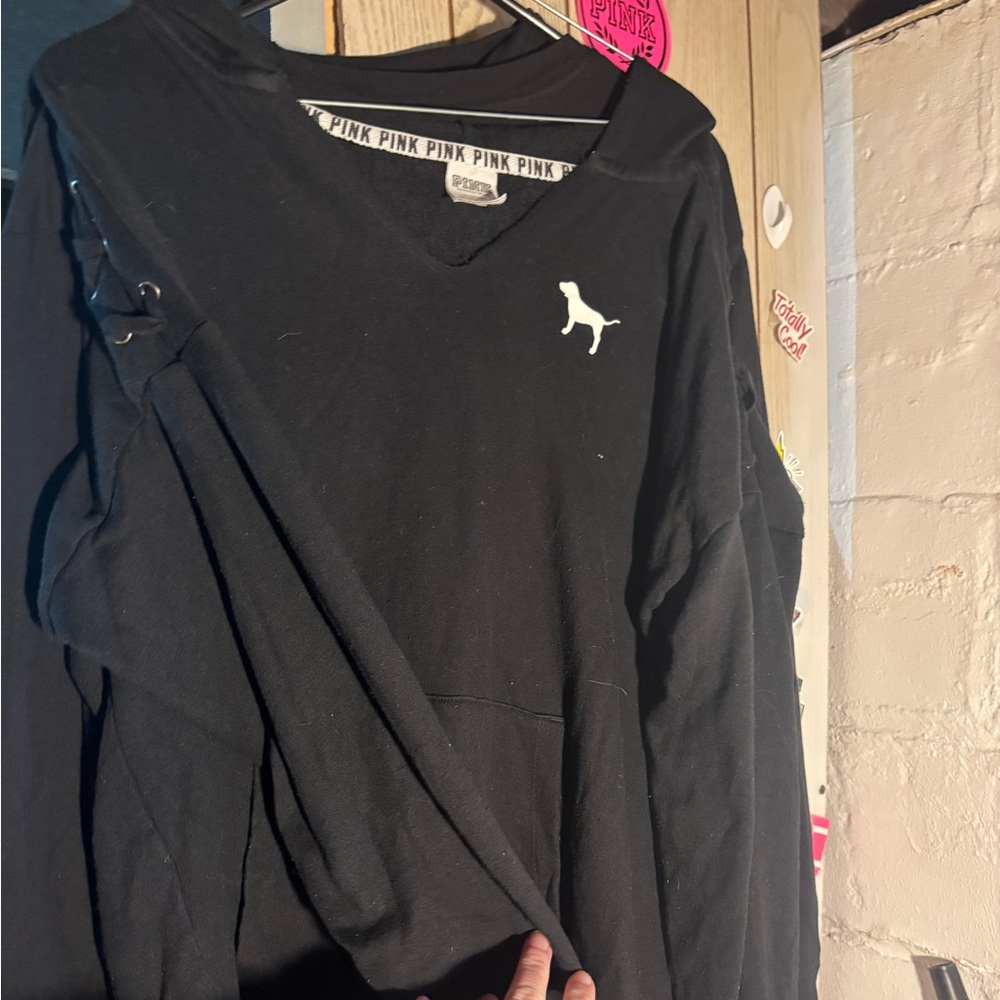VS PINK BLACK HOODIE WITH CRISS CROSS TIES ON SHOULDERS!!!